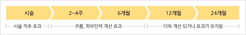 시술(시술 직후 효과), 2~4주과 6개월 (주름, 피부탄력 개선 효과), 12개월, 24개월 (더욱 개선 되거나 효과가 유지됨)